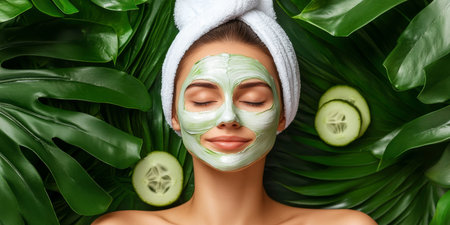 Beautiful Woman With Purifying Clay Mask Relaxes Among Tropical Leaves During a Home Spa Treatmentの素材