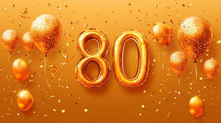 Golden Number 80 Balloons and Confetti on an Orange Background For 80th Birthday Celebrationsの素材