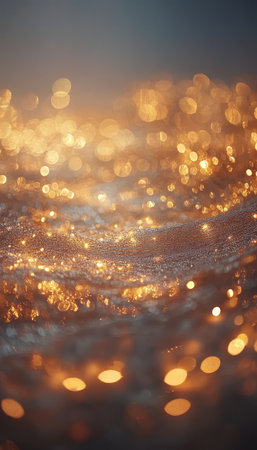 Golden Bokeh Lights on Water Surface Abstract Background with Shimmer for Festive Celebrationの素材