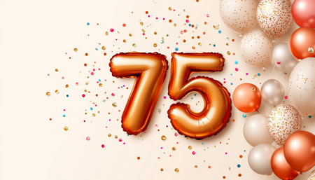 Golden Number 75 Balloons With Confetti, Celebration Background For Birthdays And Anniversaries.の素材