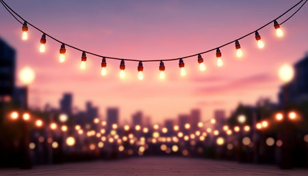Festive String Lights and City Skyline A Romantic Evening Celebration with Soft Bokehの素材