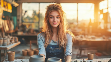 Young Woman Smiling at Camera, Pottery Class Creative Workshop In Background with Natural Sunlightの素材