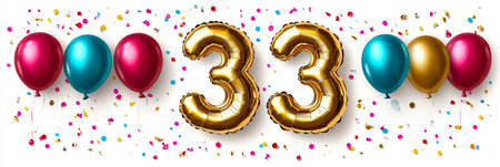 Golden Balloons Form The Number 33 For Anniversary, 33Nd Birthday Celebration With Confettiの素材