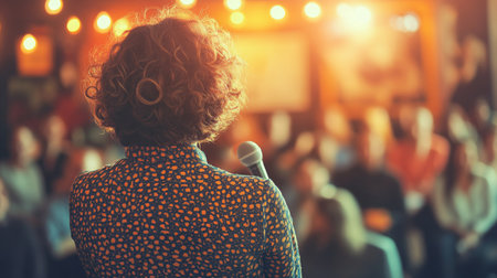 Woman Speaker with Microphone, Addressing a Crowd at a Networking Event with Defocused Lightsの素材
