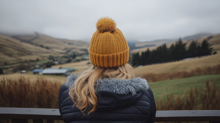Woman in Warm Clothing at Scenic Viewpoint Overlooking Rolling Green Hills, Copy Spaceの素材
