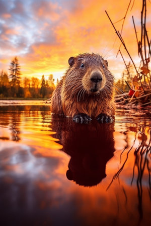 Beaver Basking at Sunset, North American Wildlife Portrait, Animal in Natural Habitatの素材