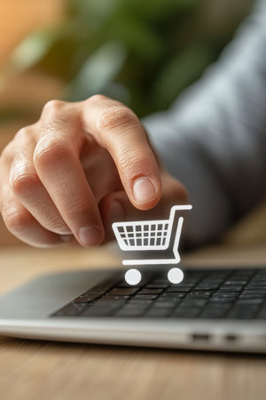 Fingers Touch Ecommerce Shopping Cart Icon On Laptop. Online Shopping, Digital Marketing Concept.の素材