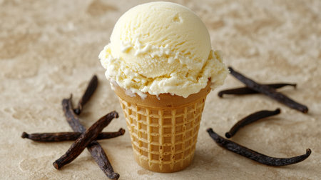 Vanilla ice cream in crispy waffle cone on beige background with vanilla beans aroundの素材