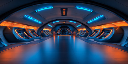 Futuristic Tunnel Interior, Glowing Blue and Orange Neon Lights, Perspective Design Element.の素材
