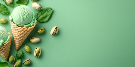 Pistachio Ice Cream Scoops In Waffle Cones On Trendy Green Background, Top View, Copy Spaceの素材