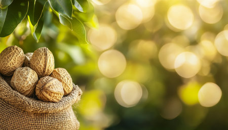 Sack Filled with Freshly Harvested Brazil Nuts Against Backlit Orchard, Natural Food Backgroundの素材