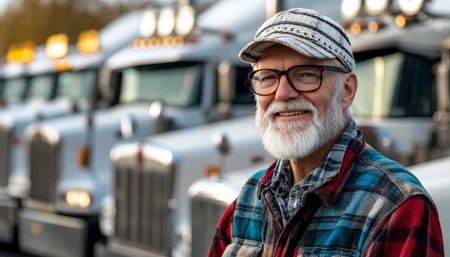 Confident Senior Truck Driver Standing with His Arms Crossed, Proudly Posing In Front of His Trucksの素材