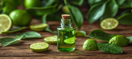 Bergamot Essential Oil in Glass Bottle, Bergamot Slices, Citrus Leaves on Wooden Tableの素材