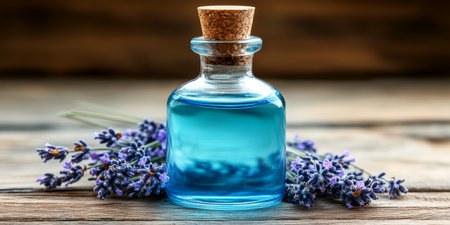 Glass Bottle Filled with Vibrant Blue Essential Oil and Fresh Lavender Sprigs on a Wooden Tableの素材