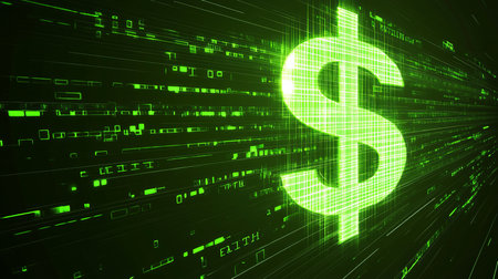 Neon Green Glowing Dollar Sign On Abstract Technology Background Representing Finance and Wealthの素材