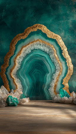 Emerald and Gold Geode Texture Background, Luxury Jewel Tone Decor for Product Photography Backdropの素材