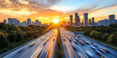 Urban Expressway Traffic at Sunset, Motion Blur, Rush Hour Commute, Cityscape, Transportationの素材