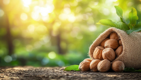 Freshly harvested walnuts spilling from a burlap sack in a sunlit walnut grove, with copy space.の素材
