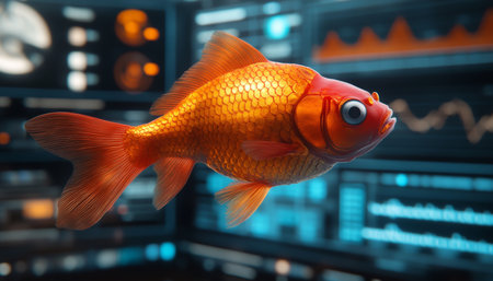 Goldfish, Futuristic Digital Space, Holographic Pet. Modern Technology, Virtual Aquariumの素材