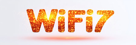 Golden WiFi 7 Sign Symbolizing High-Speed Wireless Technology with a Sparkling, Digital Aestheticの素材