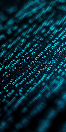 Abstract Digital Binary Code Data on Black Screen With Blue Glow, Technology Background Bannerの素材