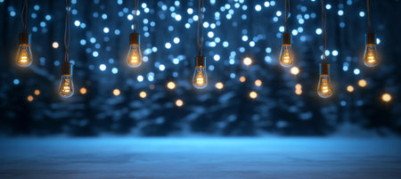 Festive String Lights With Magical Blue And White Bokeh Background For Holidays Celebrationsの素材