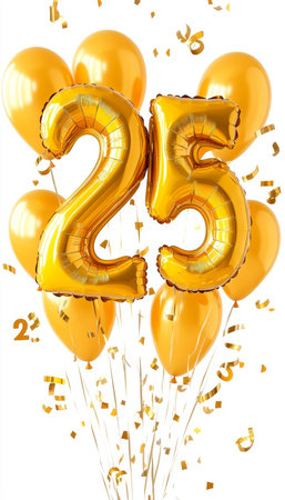 Golden Number 25 Balloons With Confetti, Celebration Background For A 25th Birthday Or Anniversaryの素材