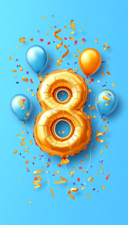 Golden Number 8 Balloon Celebration With Colorful Festive Balloons And Confetti On A Blue Backgroundの素材