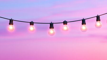 String of Glowing Light Bulbs Against a Pastel Pink Sky, Celebration Backdrop, Festive Atmosphereの素材