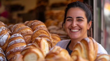 Portrait of a happy female bakery owner with a warm smile, standing in her shop with fresh bread.の素材