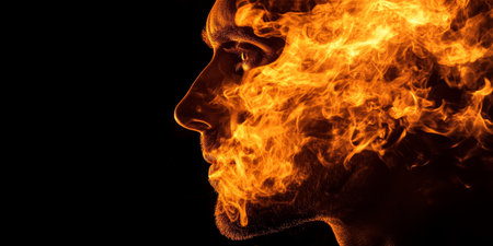 Profile of a Man Emerging From Fire, a Conceptual Image of Power, Determination, and Resilienceの素材