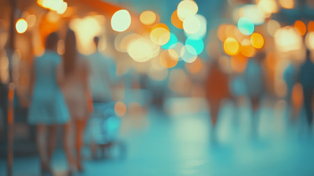 Blurred, Unrecognizable Crowd of People Walking in Busy City Street at Night with Bokeh Effectの素材