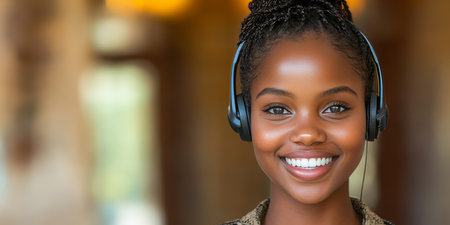 Portrait, cheerful and elegant woman in headset representing online education, customer Serviceの素材