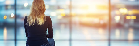 Thoughtful Young Woman In Modern Glass Office Interior, Back View With City View Outside Windowの素材