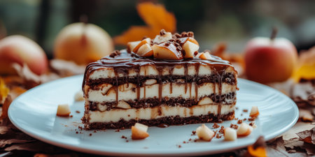 Delicious Caramel Apple Cake Slice on White Plate with Apple Slices Against Rustic Fall Backdropの素材