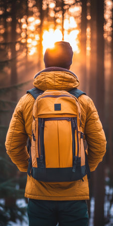 Man with Backpack Hiking in Tranquil Winter Forest, Enjoying Scenic Sunset through Treesの素材