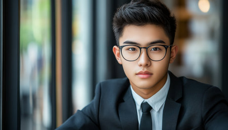 Young Professional in Glasses and Suit Portrait of an Asian Businessman in a Modern Officeの素材