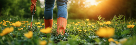 Woman in Rubber Boots Working in a Sunny Field of Yellow Flowers Using Gardening Tools.の素材