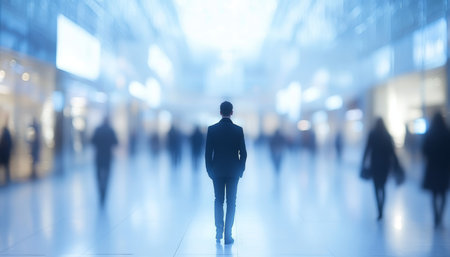 Businessman Standing, Modern Glass Office, Blurred Defocused Background, Copy Space Text Placementの素材