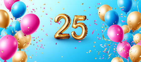 Golden Number 25 Balloon with Colorful Festive Balloons, Perfect for 25th Birthdays and Anniversaryの素材