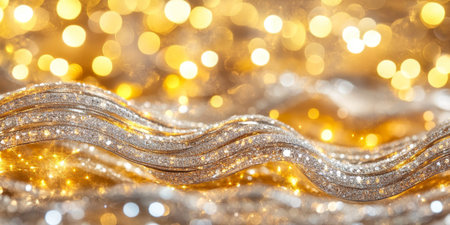 Abstract festive background with swirl golden sparkling silky decoration and bokeh lights,の素材