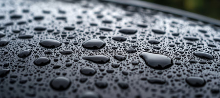 Close-Up View of Hydrophobic Water Drops Beaded on a Sleek, Black, Metallic Surface After Rainの素材