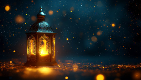 Traditional Arabic Lantern Casting Warm Glow on Glittering Background, Ramadan Concept,の素材