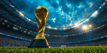 Golden Trophy in a Packed Stadium Celebrating a Triumphant Victory Under the Stadium Lightsの素材