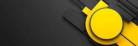 Abstract Background with Neon Yellow Circle and Geometric Shapes on a Dark Black Backgroundの素材