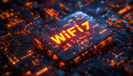 WiFi 7 High-Speed Wireless Connectivity, Illuminated Text on Futuristic Circuit Boardの素材