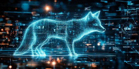 Blue Holographic Fox in Digital Space A Representation of Abstract Technology and Innovationの素材