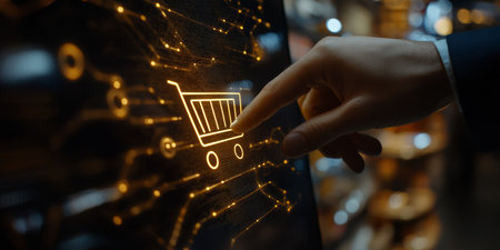 Businessman Using Touch Screen With Online Shopping Cart Icon, E-commerce And Retail Conceptの素材