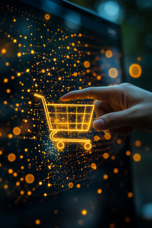 Online Shopping Concept, Person Touching Shopping Cart Icon On Virtual Screen With Network Effectの素材
