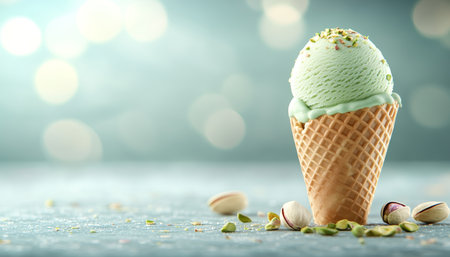 Refreshing Treat Pistachio Ice Cream in Waffle Cone with Scattered Nuts on Light Green Backgroundの素材